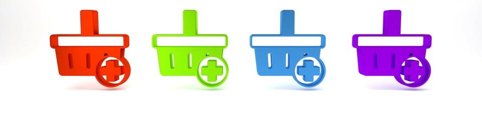 Colorful Add to Shopping basket icon isolated on white background. Online buying concept. Delivery service. Supermarket basket symbol. Minimalism concept. 3D render illustration