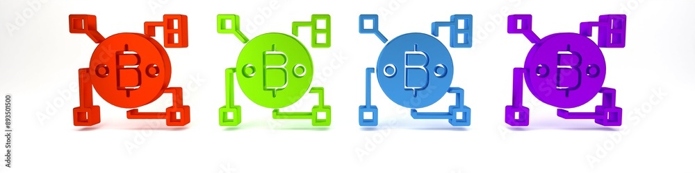 Poster Colorful Blockchain technology Bitcoin icon isolated on white background. Abstract geometric block chain network technology business. Minimalism concept. 3D render illustration