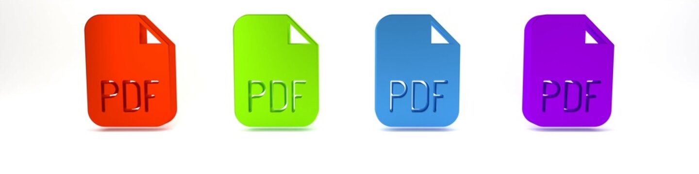 Colorful PDF file document. Download pdf button icon isolated on white background. PDF file symbol. Minimalism concept. 3D render illustration