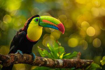 Obraz premium Green toucan on the tree branch. Tropic wildlife