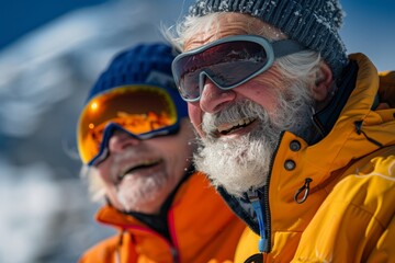 An Stock image shows a playful mature couple enjoying a winter resort ski area against the blurry backdrop of a winter mountain ski resort