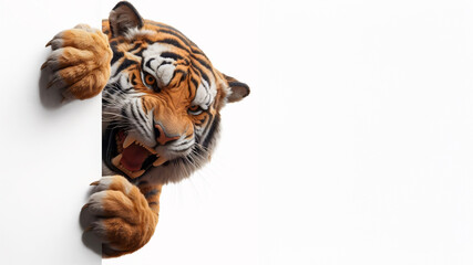 Wildlife, tiger peeking behind a wall, Banner for design with copy space