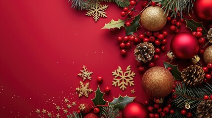 Top view of red and gold balls, snowflakes, and mistletoe berries on a red background, perfect for festive text