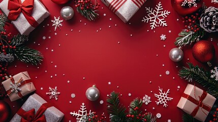 Top view of snowflakes, gift boxes, and holiday ornaments arranged on a red background for festive cheer