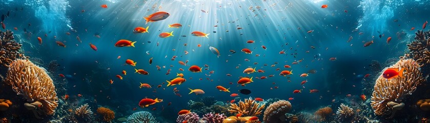 Fototapeta premium Vibrant Coral Reef with Schools of Tropical Fish in the Underwater Landscape