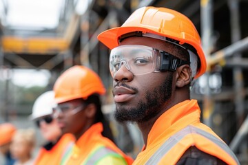 Stock photo of a construction worker in a reflective vest and safety helmet