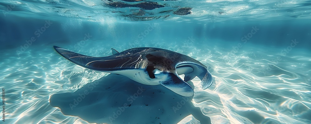 Wall mural Giant Manta Ray Gracefully Swimming Through Crystal Clear Underwater Ocean