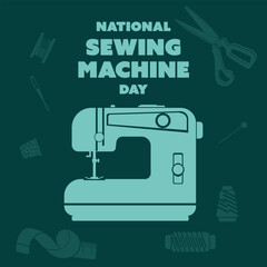 National Sewing Machine Day on June 13, business brochure design, banner flyer, vector template, cover presentation, poster of a modern edition, retro style shades of blue like an engraving on dark