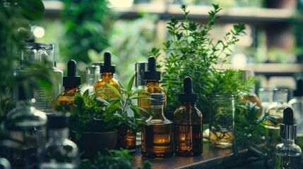Closeup of dropper bottle with essential oil on wooden table with blurred green plant background