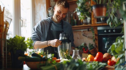 A male is making a healthy smoothie drink with a blender mixer in kitchen