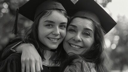Fototapeta premium Two women share a moment of celebration and affection on graduation day