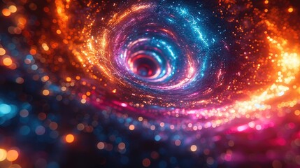 Abstract image of a colorful vortex with bright orange, pink, and blue lights creating a mesmerizing, cosmic tunnel effect.