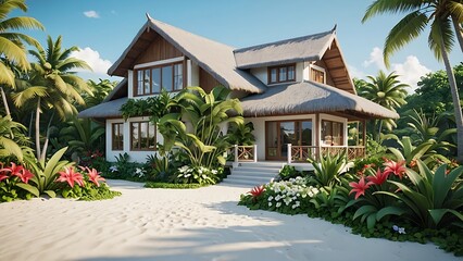 Fototapeta premium A tropical beach house with a thatched roof and a white sandy beach.