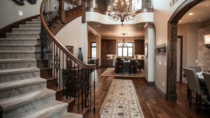 Obraz premium An elegant transitional staircase with a wrought iron railing