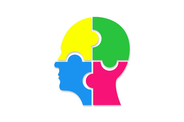 Head made of colorful jigsaw puzzle four pieces on white background