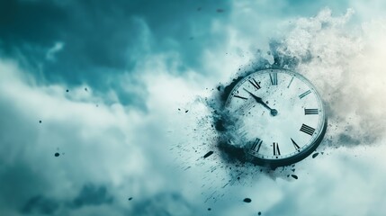 Fragmented clocks against a cloudy sky represent time in a surreal digital artwork. A surreal fragmented clock dissolving in the cloudy sky, representing the passage of time in a digital artwork.