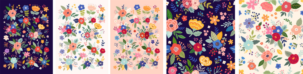 Beautiful flower collection of posters and seamless patterns with roses, leaves, floral bouquets, flower compositions. Notebook covers