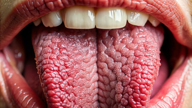 Macro shot of a tongue's papillae and taste buds, highlighting the complex sensory system that enables humans to perceive and distinguish various flavors and textures.