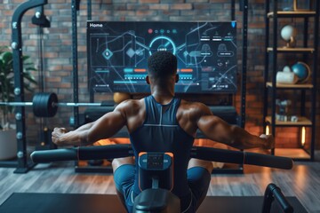 Fitness enthusiast using smart home gym tech to boost strength training routine. In a modern tech setup, a man is seen using smart home gym equipment for strength training, viewed from behind