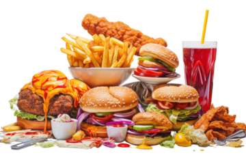 vibrant and colorful still life of a variety of junk food items, including a burger, fries, pizza, chicken wings, donuts, and ice cream, arranged on a white background