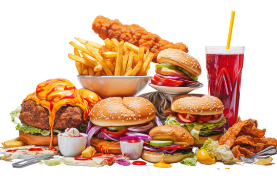 vibrant and colorful still life of a variety of junk food items, including a burger, fries, pizza, chicken wings, donuts, and ice cream, arranged on a white background