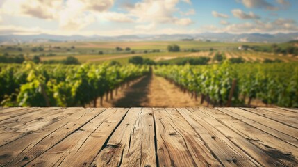 Empty wooden table top for product display, presentation stage. Blurred landscape of green vineyards in the background.	