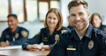 Fototapeta premium mature male Caucasian police officer in classroom concept of policeman and security guard training education learning recruitment career. young man in blue uniform background banner
