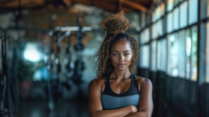 Fototapeta premium African American Woman Standing in a Gym, Looking Powerful and Confident: Muscular and Fit