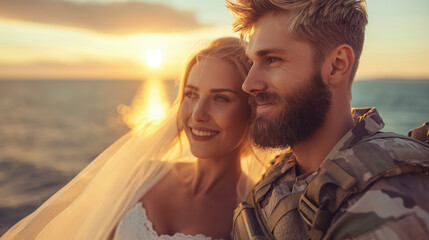 Smiling bride and groom at sunset by the sea, dressed in wedding attire, capturing a romantic and joyous moment.