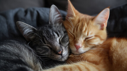 Fototapeta premium Two cats, one gray and one orange, cuddling together while sleeping, creating a heartwarming and cozy scene.