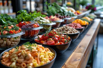 An array of different salads and other dishes beautifully arranged in bowls on a long wooden table, showcasing a variety of fresh and vibrant ingredients and colors.