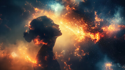 Silhouette of a person against a cosmic background filled with fiery, glowing elements, creating a surreal and dreamlike atmosphere.
