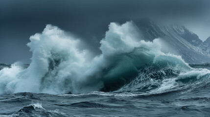 Obraz premium Massive ocean waves crashing against each other under a stormy sky, showcasing the raw power and turbulence of nature.