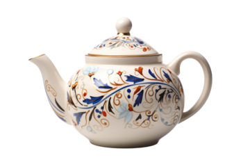 traditional ceramic teapot with intricate hand-painted designs, adding a touch of elegance to any kitchen. Isolated on white background