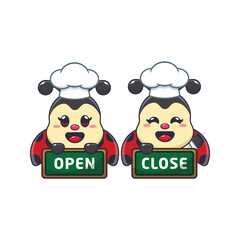 Cute chef ladybug with open and close sign board cartoon vector illustration