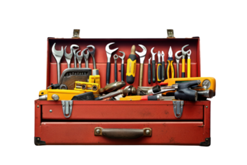 toolbox filled with various hand tools, isolated on a white background.
