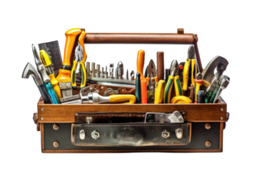 toolbox filled with various hand tools, isolated on a white background.