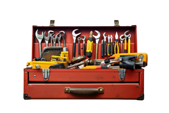 toolbox filled with various hand tools, isolated on a white background.