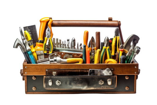 toolbox filled with various hand tools, isolated on a white background.