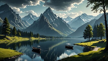 Serene lake nestled amidst majestic mountains with a boat on the water.