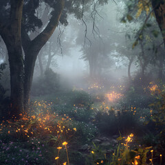 Obraz premium A mystical forest with glowing flora, foggy atmosphere