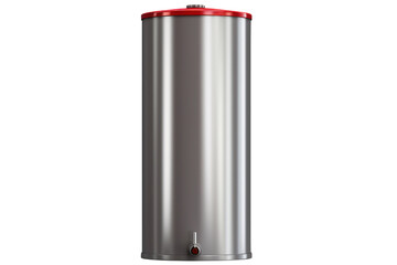 tall, cylindrical stainless steel water tank with a shiny finish and a red valve. Isolated on white background