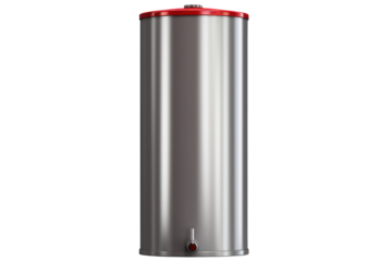 tall, cylindrical stainless steel water tank with a shiny finish and a red valve. Isolated on white background