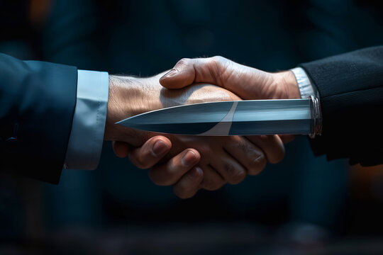 Close-up of two business people shaking hands with a hidden knife, symbolizing betrayal, deceit, and corporate conflict.