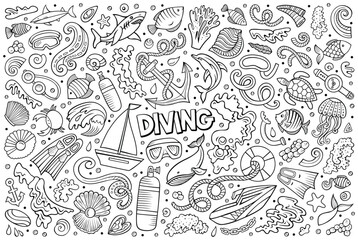 Cartoon set of Diving theme items, objects and symbols