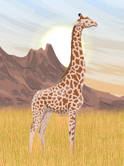 African giraffe stand in the dry grass in the savannah at the foot of the mountains. Wild animals of Africa. Realistic vector vertical landscape