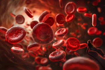 Red blood cells in vein. Blood cells flowing through a capillary bloodstream. Medicine and biology