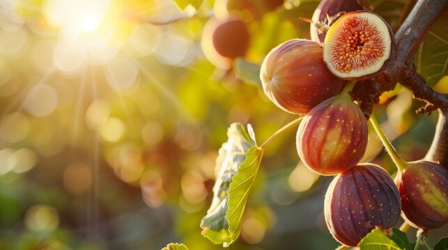 Fresh figs growing on a tree in a sunny orchard