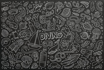 Cartoon set of Diving theme items, objects and symbols