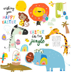 vector Cartoon Set with Cute Animals celebrating Easter in the Jungle